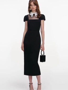 Self-Portrait Black Crepe Bow Collar Midi Dress